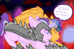 Size: 1280x853 | Tagged: safe, artist:jeyjeymohr, part of a series, part of a set, flash sentry, starlight glimmer, pegasus, pony, unicorn, alternate timeline, alternate universe, armor, artifact, broken horn, clothes, crystal, crystal castle, crystal empire, crystal throne room, crystal war timeline, dark, dark equestria, dark world, duo, glowing horn, horn, kneeling, magic, reality cube, sombra empire, sombra's throne room, throne room, tumblr:ask midnight crystal, wings