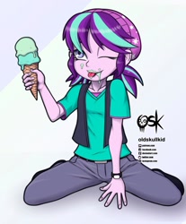 Size: 1280x1545 | Tagged: safe, artist:oldskullkid, starlight glimmer, equestria girls, mirror magic, spoiler:eqg specials, beanie, clothes, female, food, hat, ice cream, ice cream cone, messy eating, one eye closed, pigtails, solo, younger