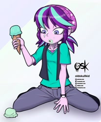 Size: 1280x1545 | Tagged: safe, alternate version, artist:oldskullkid, starlight glimmer, equestria girls, mirror magic, spoiler:eqg specials, beanie, clothes, dropped ice cream, female, food, hat, ice cream, ice cream cone, messy eating, pigtails, solo, younger