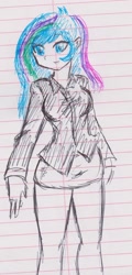 Size: 992x2061 | Tagged: safe, artist:orochivanus, princess celestia, principal celestia, equestria girls, breasts, clothes, female, legs, lined paper, miniskirt, monochrome, neo noir, partial color, princess breastia, shirt, skirt, solo, traditional art, wrong eye color, younger