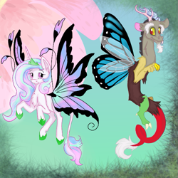 Size: 679x679 | Tagged: safe, artist:pigzfairy, discord, princess celestia, alicorn, draconequus, pony, butterfly wings, chest fluff, duo, fairy, fairy wings, flower, leonine tail, smiling