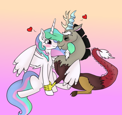 Size: 640x605 | Tagged: safe, artist:pigzfairy, artist:theauroralife, discord, princess celestia, alicorn, draconequus, pony, blushing, boop, dislestia, gradient background, heart, looking at each other, male, noseboop, shipping, smiling, straight