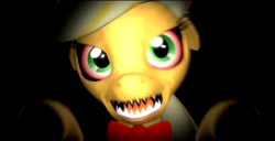 Size: 1366x699 | Tagged: safe, applejack, earth pony, pony, robot, 3d, animatronic, applefreddy, attack, creepy, five nights at aj's, looking at you, nose wrinkle, poster, solo, source filmmaker, this will end in tears, wallpaper