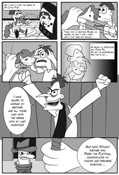 Size: 1182x1742 | Tagged: safe, artist:otakon, pinkie pie, earth pony, pony, comic:ponyfinator, cartoon, crossover, dr doofenshmirtz, grammar error, grayscale, monochrome, perry the platypus, phineas and ferb