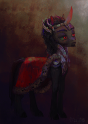 Size: 600x849 | Tagged: safe, artist:wolfiedrawie, derpibooru import, king sombra, pony, unicorn, armor, beard, cape, clothes, crown, curved horn, facial hair, jewelry, male, regalia, sideburns, solo, stallion