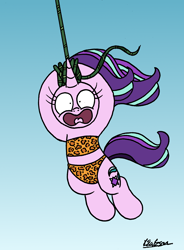 Size: 1482x2010 | Tagged: safe, artist:bobthedalek, starlight glimmer, pony, unicorn, atg 2020, bikini, clothes, female, george of the jungle, leopard print, mare, newbie artist training grounds, screaming, solo, song in the comments, swimsuit, swinging, this will end in pain, vine, windswept mane