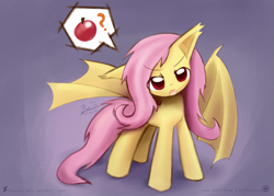 Size: 1209x866 | Tagged: safe, artist:howxu, fluttershy, bat pony, pony, apple, cute, female, flutterbat, food, mare, open mouth, question mark, shyabates, shyabetes, solo