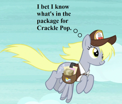 Size: 840x720 | Tagged: safe, edit, edited screencap, screencap, derpy hooves, school raze, cropped, cute, derpabetes, hat, implied crackle pop, mailbag, mailmare hat, mailpony uniform, package, thinking