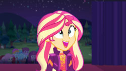 Size: 1914x1080 | Tagged: safe, screencap, cheerilee, fluttershy, frosty orange, sunset shimmer, better together, choose your own ending, equestria girls, the last drop, the last drop: sunset shimmer, background human, cute, female, happy, night, night sky, open mouth, outdoors, shimmerbetes, sky, smiling