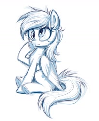 Size: 1403x1708 | Tagged: safe, artist:confetticakez, derpy hooves, pegasus, pony, chest fluff, cute, derpabetes, female, mare, monochrome, simple background, sitting, solo, underhoof, white background