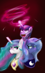 Size: 2806x4524 | Tagged: safe, artist:hippik, princess celestia, princess luna, twilight sparkle, alicorn, pony, freckles, magic, open mouth, s1 luna, unamused