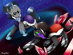 Size: 2048x1536 | Tagged: safe, artist:asinglepetal, derpibooru import, king sombra, pony, unicorn, confrontation, counterparts, duality, good king sombra, self ponidox