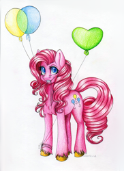 Size: 1456x2000 | Tagged: safe, artist:heather-west, pinkie pie, earth pony, pony, balloon, mouth hold, solo, traditional art, unshorn fetlocks