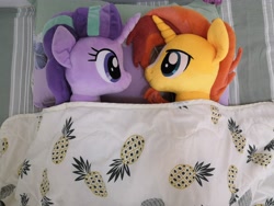 Size: 4608x3456 | Tagged: safe, artist:nekokevin, starlight glimmer, sunburst, unicorn, bed, blanket, female, irl, male, photo, plushie, shipping, starburst, straight