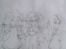 Size: 1024x768 | Tagged: safe, artist:brandonale, fluttershy, pinkie pie, rarity, equestria girls, amy rose, clothes, cosplay, costume, cream the rabbit, crossover, monochrome, rouge the bat, sonic the hedgehog (series), traditional art