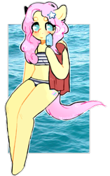Size: 527x840 | Tagged: dead source, safe, artist:witchidly, fluttershy, anthro, unguligrade anthro, arm hooves, bikini, clothes, food, ice cream, midriff, popsicle, sea salt ice cream, solo, swimsuit, tankini, towel