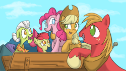 Size: 1280x720 | Tagged: safe, artist:gjkou, apple bloom, applejack, big macintosh, granny smith, pinkie pie, earth pony, pony, pinkie apple pie, cart, cute, eye contact, female, filly, happy, hug, looking at each other, looking up, male, mare, no pupils, open mouth, scene interpretation, smiling, stallion