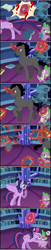 Size: 1000x4930 | Tagged: safe, artist:wolfkice, derpibooru import, king sombra, spike, twilight sparkle, twilight sparkle (alicorn), alicorn, dragon, pony, unicorn, book, bruised, castle, comic, female, happy, male, mess, missing accessory, nice, scared, shipping, straight, sweet, taking the fall, twibra