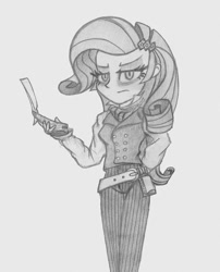 Size: 517x640 | Tagged: safe, artist:lockerobster, rarity, equestria girls, clothes, cosplay, costume, monochrome, solo, sweeney todd