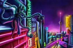 Size: 3111x2057 | Tagged: safe, artist:jamescorck, derpibooru import, octavia melody, earth pony, pony, casino, city, cityscape, crossover, doctor octavia, doctor octopus, female, hotel, las pegasus, neon, night, skyline, solo, sunglasses, sunglasses at night, tentacles