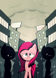 Size: 1024x1419 | Tagged: safe, artist:therandomjoyrider, pinkie pie, earth pony, pony, generic pony, grayscale, monochrome, pinkamena diane pie, sad, solo, town