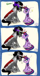 Size: 1200x2250 | Tagged: safe, artist:wolfkice, derpibooru import, king sombra, twilight sparkle, twilight sparkle (alicorn), alicorn, pony, unicorn, angry, blushing, comic, embarrassed, female, growling, grumpy, happy, heart, kissing, lightbulb, looking back, male, mare, shipping, snorting, stallion, straight, twibra, unamused