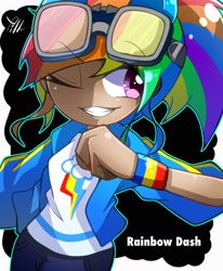 Size: 1504x1828 | Tagged: safe, artist:yuyutsuka_0130, derpibooru import, rainbow dash, human, equestria girls, clothes, cute, dashabetes, female, goggles, humanized, jacket, kotobukiya, kotobukiya rainbow dash, no nose, one eye closed, shirt, solo, wink