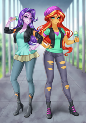 Size: 770x1100 | Tagged: safe, artist:racoonsan, color edit, edit, editor:drakeyc, starlight glimmer, sunset shimmer, equestria girls, mirror magic, spoiler:eqg specials, anime, beanie, clothes, clothes swap, colored, cute, duo, equestria girls edit, food, hat, ice cream, ice cream cone, skin color edit, that human sure does love ice cream