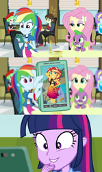 Size: 612x1024 | Tagged: safe, edit, edited screencap, screencap, aqua blossom, drama letter, fluttershy, rainbow dash, sophisticata, spike, sunset shimmer, twilight sparkle, watermelody, dog, better together, equestria girls, forgotten friendship, rainbow rocks, implied lesbian, implied shipping, implied sunsetsparkle, lip bite, meme, phone, rainbow dash phone meme, rainbow dash's phone, spike the dog, spike's dog collar, sunset selfie