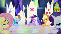 Size: 1920x1080 | Tagged: safe, derpibooru import, screencap, applejack, fluttershy, rainbow dash, rarity, twilight sparkle, twilight sparkle (alicorn), alicorn, earth pony, pegasus, pony, unicorn, party pooped, cutie map, faic, friendship throne, looking at you, mid-blink screencap, out of context, throne, throne room