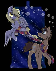 Size: 1100x1400 | Tagged: safe, artist:pegacousin, derpy hooves, doctor whooves, earth pony, pegasus, pony, bubble, clothes, doctor who, fourth doctor's scarf, scarf, stars, tardis