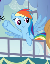 Size: 536x687 | Tagged: safe, derpibooru import, screencap, rainbow dash, pegasus, pony, spike at your service, cropped, cute, dashabetes, female, mare, offscreen character, raised hoof, smiling, solo, spread wings, window, wings