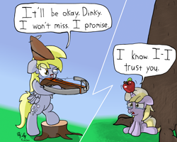 Size: 2000x1600 | Tagged: safe, artist:ebbysharp, derpy hooves, dinky hooves, pegasus, pony, unicorn, apple, atg 2020, crossbow, duo, female, filly, food, mare, newbie artist training grounds, speech bubble, teary eyes, this will end in death, this will end in tears, this will end in tears and/or death, this will not end well, tree, tree stump, william tell