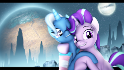 Size: 3840x2160 | Tagged: safe, artist:wintergleam, starlight glimmer, trixie, pony, unicorn, 3d, cute, female, females only, happy, headcanon, hug, lgbt headcanon, planet, pride, pride flag, sexuality headcanon, smiling, source filmmaker, space, trans girl, trans trixie, transgender, wrong eye color