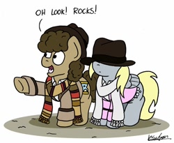 Size: 1024x839 | Tagged: safe, artist:bobthedalek, derpy hooves, doctor whooves, earth pony, pegasus, pony, alternate hairstyle, atg 2020, clothes, coat, cute, derpabetes, destiny of the daleks, doctor who, doctorbetes, fourth doctor, hat, hat over eyes, newbie artist training grounds, pointing, romana, romana ii, scarf, tom baker, tom baker's scarf