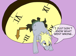 Size: 1925x1437 | Tagged: safe, artist:dzamie, derpy hooves, pegasus, clock, colored, female, i just don't know what went wrong, mare, newbie artist training grounds, oops my bad, simple background, solo