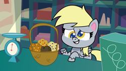 Size: 1920x1080 | Tagged: artist needed, source needed, safe, derpibooru exclusive, derpy hooves, pegasus, pony, my little pony: pony life, slice of life (episode), basket, food, g4 to g4.5, generation leap, muffin, scene interpretation, solo, trace, vector