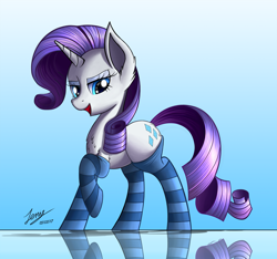 Size: 2200x2063 | Tagged: safe, artist:duskie-06, rarity, pony, unicorn, chest fluff, clothes, ear fluff, female, mare, open mouth, raised hoof, reflection, socks, solo, striped socks