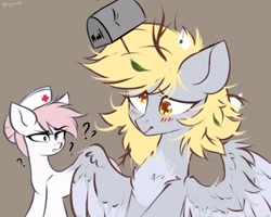 Size: 1024x818 | Tagged: safe, artist:hydrargyrum, derpy hooves, nurse redheart, earth pony, pegasus, pony, blushing, chest fluff, confused, cute, derpabetes, derpy being derpy, duo, female, letter, mailbox, mare, messy mane, question mark, unamused