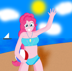 Size: 2048x1996 | Tagged: safe, artist:cyber-murph, pinkie pie, equestria girls, armpits, beach, beach ball, belly button, bikini, boat, clothes, looking at you, smiling, solo, swimsuit, waving