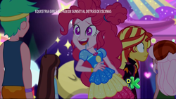 Size: 1920x1080 | Tagged: safe, screencap, lemon zack, pinkie pie, raspberry lilac, sunset shimmer, velvet sky, equestria girls, equestria girls series, sunset's backstage pass!, spoiler:eqg series (season 2), background human, discovery kids, drool, geode of sugar bombs, magical geodes, music festival outfit, spanish