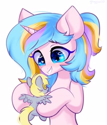 Size: 1800x2100 | Tagged: safe, artist:hydrargyrum, derpy hooves, oc, oc only, oc:oofy colorful, pony, unicorn, bust, heart eyes, holding a pony, horn, plushie, simple background, smiling, solo, unicorn oc, white background, wingding eyes