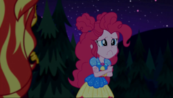 Size: 1920x1080 | Tagged: safe, screencap, pinkie pie, sunset shimmer, equestria girls, equestria girls series, sunset's backstage pass!, spoiler:eqg series (season 2), geode of sugar bombs, magical geodes, music festival outfit, sad, sad face