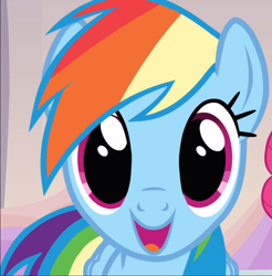 Size: 924x938 | Tagged: safe, derpibooru import, screencap, pinkie pie, rainbow dash, earth pony, pegasus, pony, games ponies play, close-up, cropped, cute, dashabetes, female, mare, offscreen character, open mouth, smiling, wide eyes