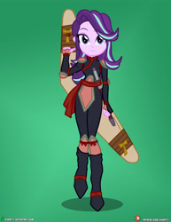 Size: 3090x4000 | Tagged: safe, artist:dieart77, starlight glimmer, equestria girls, anime, boomerang, clothes, commission, cosplay, costume, green background, inuyasha, kelly sheridan, sango, simple background, voice actor joke, weapon