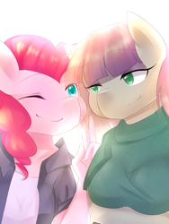 Size: 1500x2000 | Tagged: safe, artist:fire key, maud pie, pinkie pie, anthro, cute, pie sisters, wink