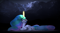 Size: 3840x2160 | Tagged: safe, artist:imafutureguitarhero, princess celestia, alicorn, pony, 3d, crying, lullaby for a princess, magic, mountain, night, solo, source filmmaker, wallpaper