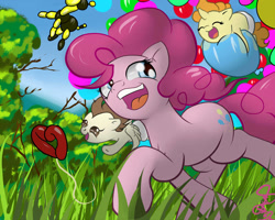 Size: 1500x1200 | Tagged: safe, artist:steveskunk, pinkie pie, pound cake, pumpkin cake, earth pony, pony, balloon, cake twins, fun, laughing, nature, playing, running