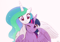 Size: 1836x1306 | Tagged: safe, artist:akeahi, princess celestia, twilight sparkle, twilight sparkle (alicorn), alicorn, pony, blushing, female, floppy ears, lesbian, looking at each other, one eye closed, shipping, simple background, smiling, snuggling, twilestia, white background