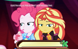 Size: 2312x1482 | Tagged: safe, screencap, pinkie pie, sunset shimmer, better together, equestria girls, sunset's backstage pass!, book, bored, crazy straw, duo, geode of sugar bombs, magical geodes, music festival outfit, straw, sunset's journal